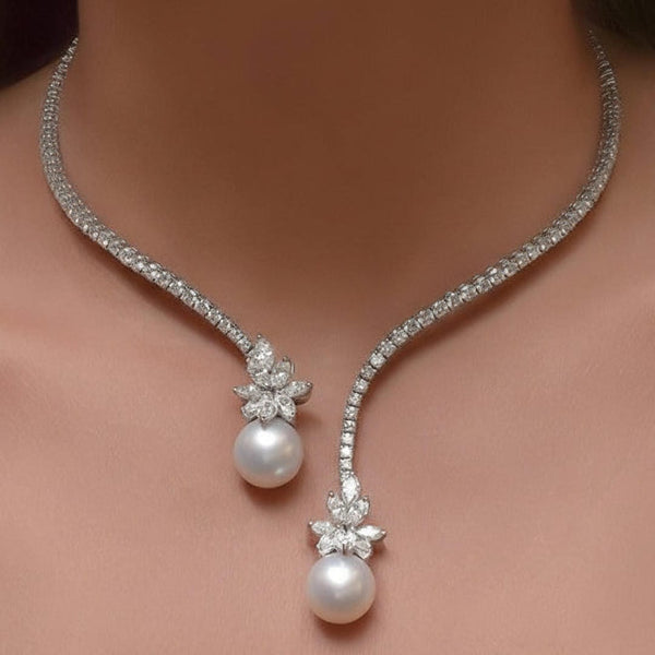 Offene Design-Halskette mit runden Perlen und Saphir